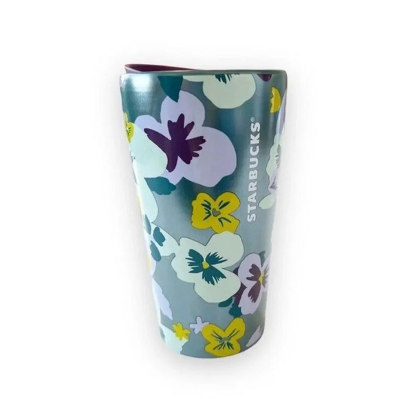 Starbucks Coffee Cup Teal Purple Pansies Floral Ceramic Travel Mug‎ 12 Oz Sipper - Picture 1 of 10
